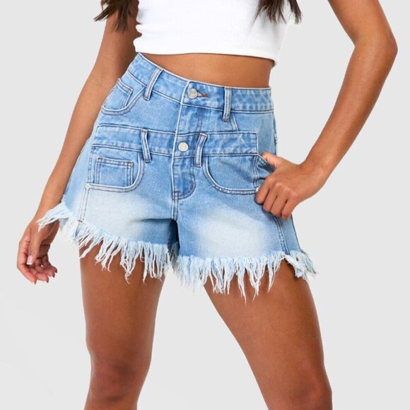 Boohoo Double Waistband Detail Fray Hem Denim Shorts - NWT - Size 6 - Picture 2 of 12